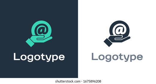 Logotype Mail and e-mail in hand icon isolated on white background. Envelope symbol e-mail. Email message sign. Logo design template element. Vector Illustration