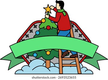 Ein Mann setzt einen Stern auf einen Weihnachtsbaum