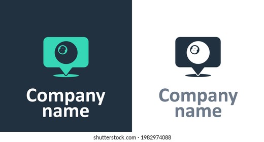 Logotype Map pointer with billiard pool snooker ball with number 8 icon isolated on white background. Logo design template element. Vector