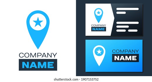 Logotype Map pointer with star icon isolated on white background. Star favorite pin map icon. Map markers. Logo design template element. Vector.