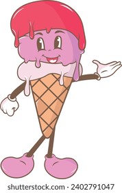 Logotype mascot ice cream in groovy style, retro, vintage 70s