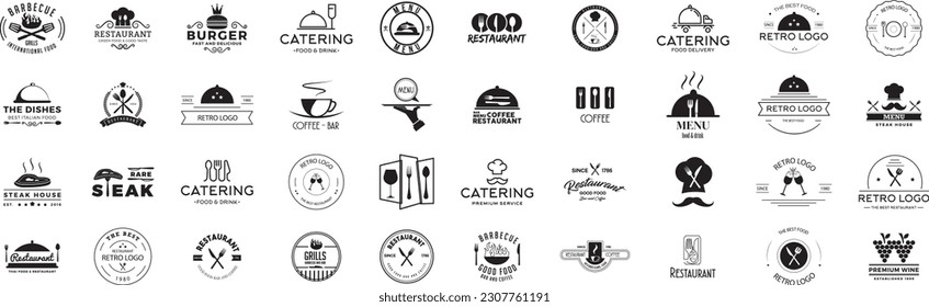 Logotype menu. Set in flat style. Silhouette of cutlery. Cooking logo set with Chef hats, mustache and kitchen tools. Vector illustration