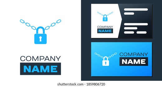 Logotype Metal chain and lock icon isolated on white background. Padlock and steel chain. Logo design template element. Vector.