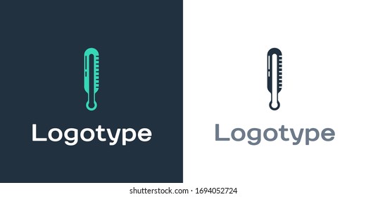 Logotype Meteorology thermometer measuring icon isolated on white background. Thermometer equipment showing hot or cold weather. Logo design template element. Vector Illustration