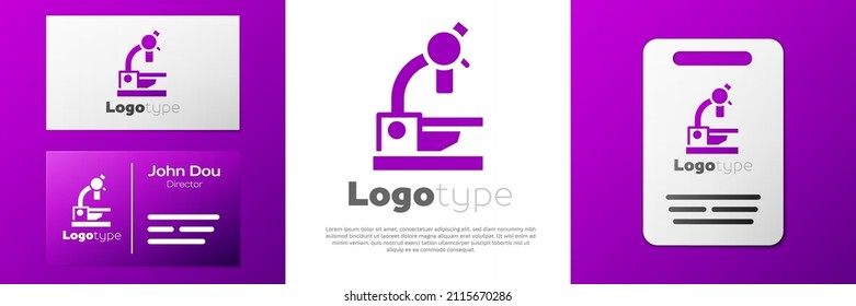 Logotype Microscope icon isolated on white background. Chemistry, pharmaceutical instrument, microbiology magnifying tool. Logo design template element. Vector