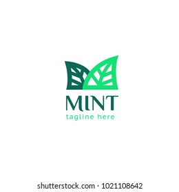 Logotype Mint, letter M, logo vector for shop, store, logistic, plants, leafs