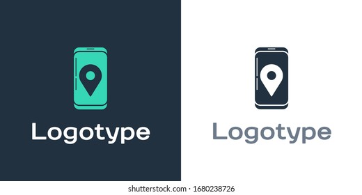 Logotype Mobile smart phone con icono de seguimiento de entrega de aplicaciones aislado en fondo blanco. Seguimiento de paquetes. Elemento de plantilla de diseño del logotipo. Ilustración vectorial