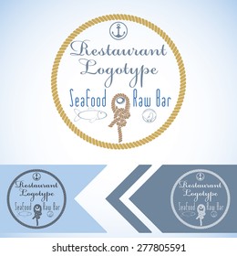 Logotype mock up for seafood restaurant and raw bar. Vector graphic design. with fish and oyster and rope.
