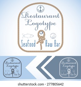 Logotype mock up for seafood restaurant and raw bar. Vector graphic design. with fish and oyster and rope.