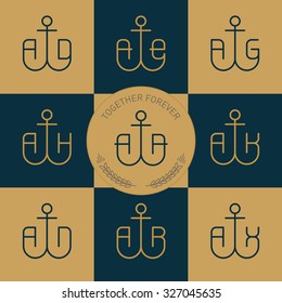 Logotype or Monograms with anchor and letters. Vector line icons and logos. Clean design elements.