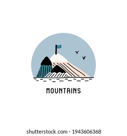 Logotype of mountains. Simple vector flat illustration with hills, flag, and birds