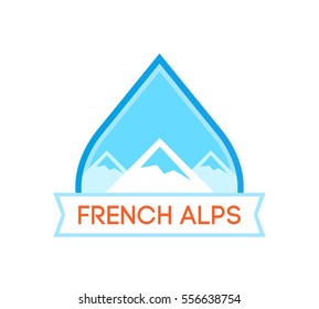 Logotype with Nature Landscape of French Alps in Blue colors. Vector Emblem isolated on White background.