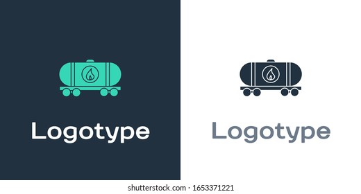 Logotype Oil railway cistern icon isolated on white background. Train oil tank on railway car. Rail freight. Oil industry. Logo design template element. Vector Illustration