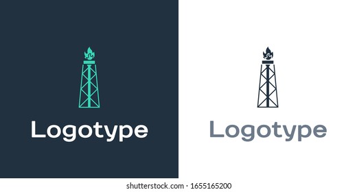 Logotype-Bohrinsel mit Feuersymbol einzeln auf weißem Hintergrund. Gasturm. Gewerbliches Objekt. Logo-Design-Element. Vektorillustration-Illustration