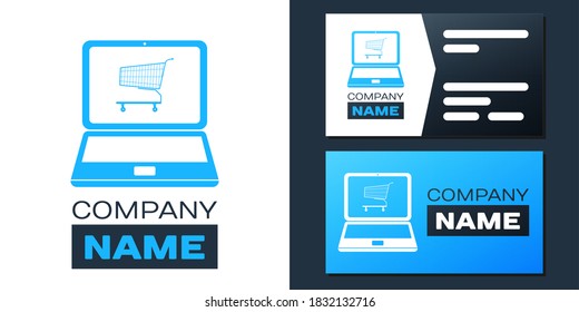 Logotype Online shopping concept. Shopping cart on screen laptop icon isolated on white background. Concept e-commerce, online business marketing. Logo design template element. Vector.