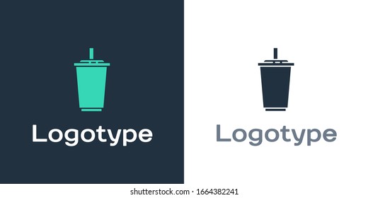 Logotype Paper glass with drinking straw and water icon isolated on white background. Soda drink glass. Fresh cold beverage symbol. Logo design template element. Vector Illustration
