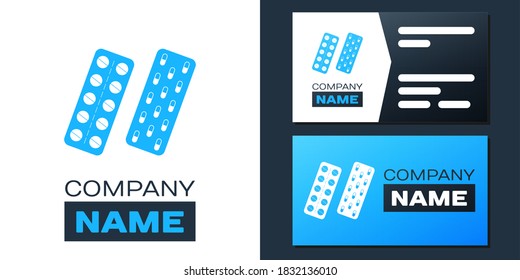 Logotype Pills or capsules in blister package icon isolated on white background. Tablets in package. Medications Accessory pharmacies and first aid kits. Logo design template element. Vector.