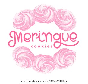 Logotipo con ramas de merengue, malvavisco, zefír. dulzura, dulce. Esbozo con letras. estilo retro vintage gráfico.