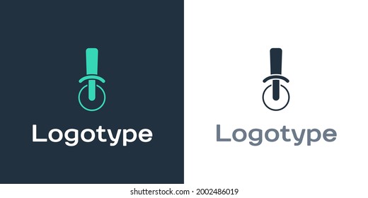 Logotype Pizza knife icon isolated on white background. Pizza cutter sign. Steel kitchenware equipment. Logo design template element. Vector