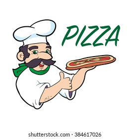 Logotype for pizzeria-trattoria (small Italian cafe) in Italian flag colors. Happy and nice kitchener holding pizza. He invites you to visit pizza restaurant.