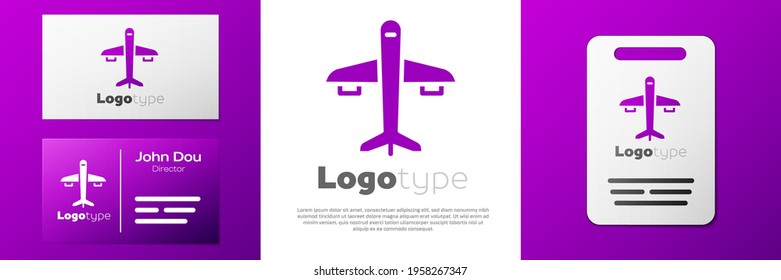 Logotype Plane icon isolated on white background. Flying airplane icon. Airliner sign. Logo design template element. Vector