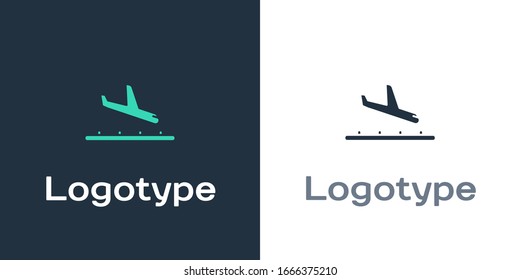Icono de aterrizaje de plano de logotipo aislado en fondo blanco. Símbolo de transporte del avión. Elemento de plantilla de diseño del logotipo. Ilustración vectorial