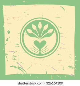 Logotype plant and hands. Planted in the ground sprouts, care and care of plants. Farm products. Growing plants and seedlings.  Care and protection of the environment.