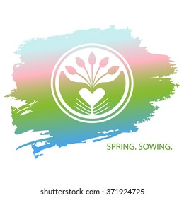 Logotype plant and hands. Planted in the ground sprouts, care and care of plants. Spring, sowing. Growing plants and seedlings.  Care and protection of the environment.
