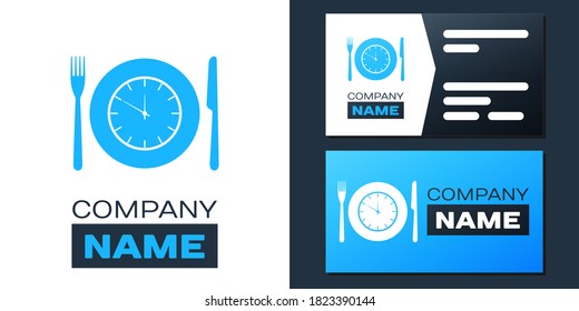 Logotype Plate with clock, fork and knife icon isolated on white background. Lunch time. Eating, nutrition regime, meal time and diet concept. Logo design template element. Vector.