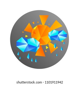 Logotype Polygonal sun, clouds and rain. Diamond cloud. 
Synoptic weather logo. Colorful hand drawn vector stock illustration.