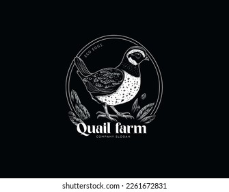 Logotype of quail farm with silhouette of bird isolated in dark background. Retro logo illustration