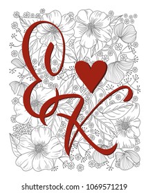 Logotype  of  red letters on floral background.Vector illustration.