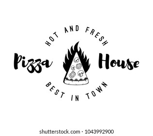 Logotype for restaurant pizzeria in the form of a piece of pizza with fire. Vector illustration.