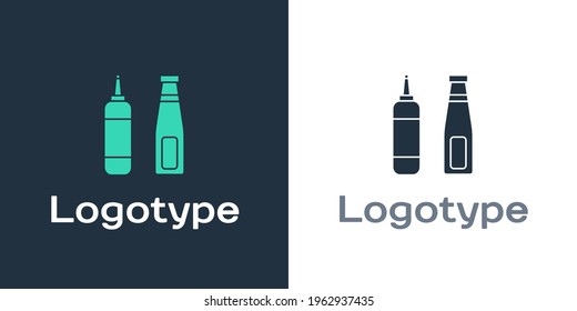 Logotype Sauce bottle icon isolated on white background. Ketchup, mustard and mayonnaise bottles with sauce for fast food. Logo design template element. Vector Illustration