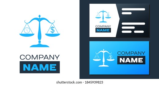 Logotype Scale weighing money and time icon isolated on white background. Scales with hours and a coin. Balance between work and the given time. Logo design template element. Vector.
