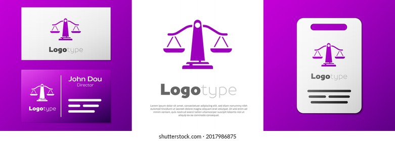 Logotype Scales of justice icon isolated on white background. Court of law symbol. Balance scale sign. Logo design template element. Vector