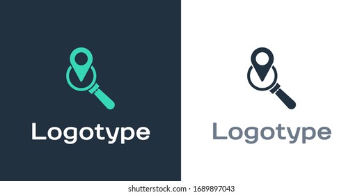 Logotype Search location icon isolated on white background. Magnifying glass with pointer sign. Logo design template element. Vector Illustration