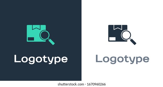 Logotype Search Package Symbol einzeln auf weißem Hintergrund. Paketverfolgung. Gläserner Glas und Karton. Logistik und Lieferung. Logo-Design-Element. Vektorillustration-Illustration