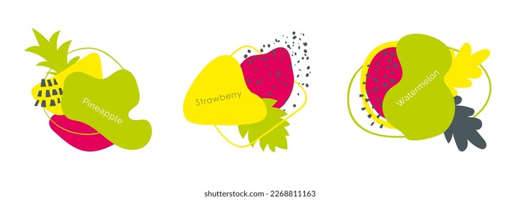 Logotype set with abstract watermelon, pineapple and strawberry. Hand drawn spots of fruit and leaf shapes, vibrant yellow, magenta, green color. Vector logo or label design, vegetable shop concept.