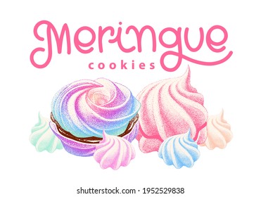 Logotipo de ramas de merengue, malvavisco, zefír. Vector con caligrafía. dulzura, dulce. papel para la dulzura, pastelería.