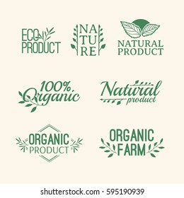 Logotype set. Badges, labels , with plants elements, wreaths and laurels green branches. Design template for for natural products. Farms, organic and bio sign. Herb and leaves decoration. Vector