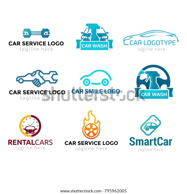 Logotype set car service, logo\
vector for shop, store, repair, mechanic, headlights, wrench,\
parts