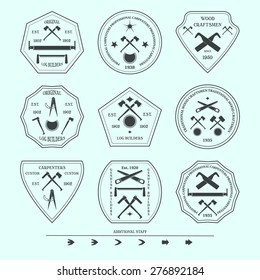 Logotype set for construction and carpentry industries. Design elements,  objects and tools. Logo for natural log builders and wood craftsmen. Vector illustration.  Free fonts used.