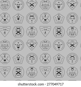 Logotype set for construction and carpentry industries seamless texture. Design textile elements. Logo for natural log builders and wood craftsmen. Woodwork and lumberjack vector illustration. 