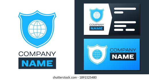 Escudo de logotipo con icono mundial aislado en fondo blanco. Seguridad, seguridad, protección, concepto de privacidad. Elemento de plantilla de diseño de logotipo. Vector.