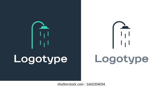 Logotype Shower head with water drops flowing icon isolated on white background. Logo design template element. Vector Illustration