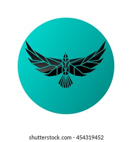Logotype silhouette of flying eagle with polygonal background.