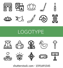 logotype simple icons set. Contains such icons as Arch, Lotus flower, Q a, Dove, Lotus, Hockey stick, Nautilus, Electric toothbrush, Abstract, can be used for web, mobile and logo