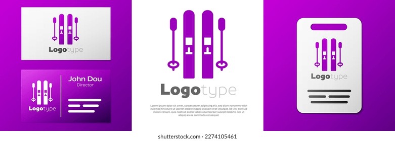 Logotype Ski and sticks icon isolated on white background. Extreme sport. Skiing equipment. Winter sports icon. Logo design template element. Vector