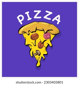 Logotype as a slice of very cheesy yellow pizza with pepperoni, tomatoes and mushroom on violet background and word pizza looking like a hand draw in cartoon style